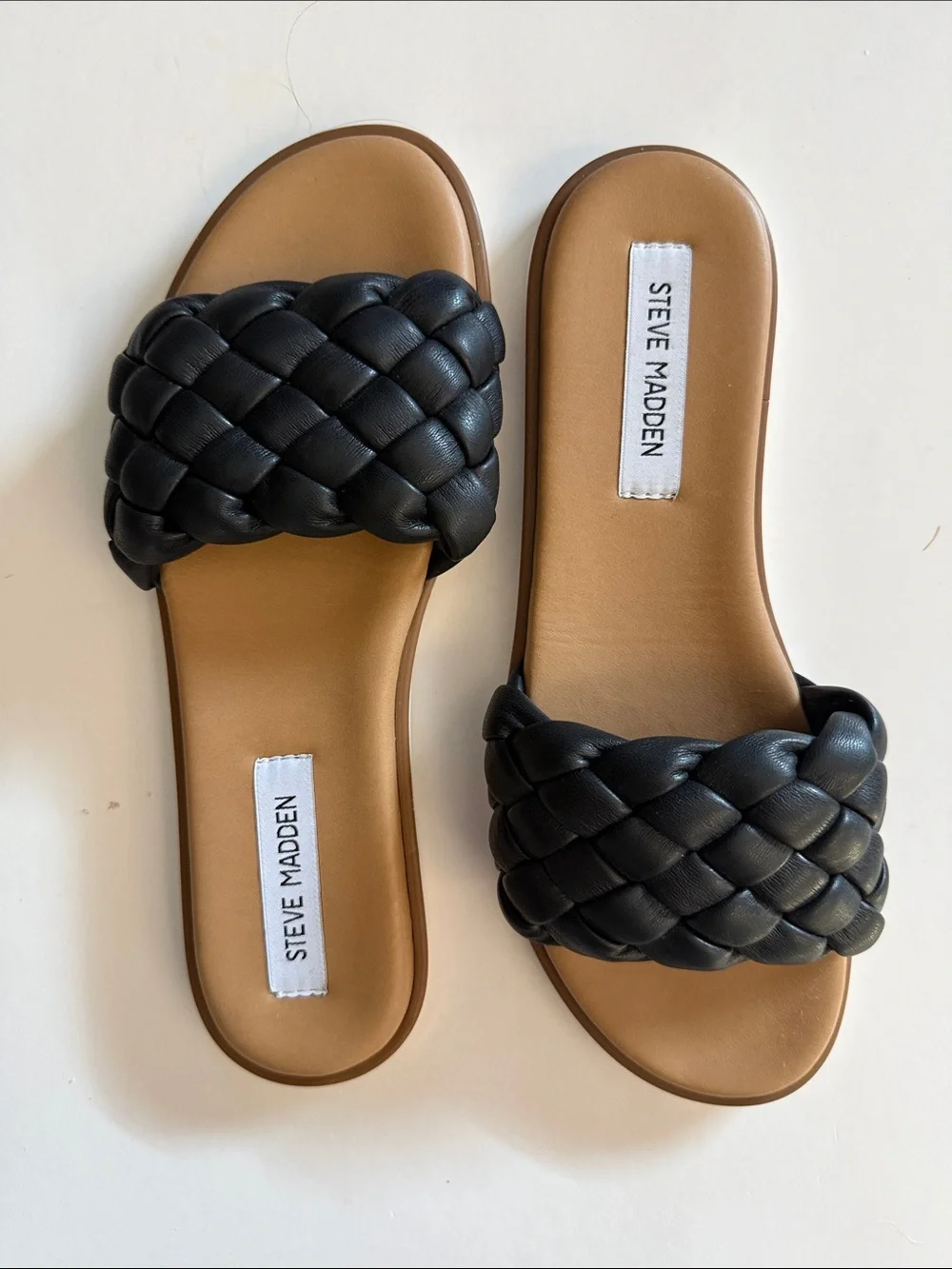 STEVE MADDEN PAISLEE BLACK BRAIDED SLIDE SANDALS, 9